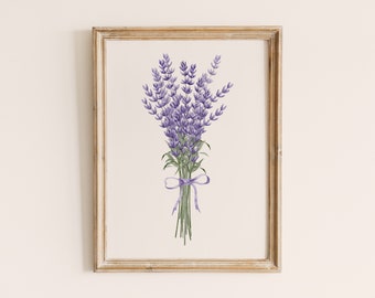 Bukiet lawendy z fioletową kokardą, wydruk ścienny w stylu vintage, akwarela, estetyczna dekoracja pokoju z lawendą, minimalistyczna sztuka ścienna, wystrój mieszkania studenckiego