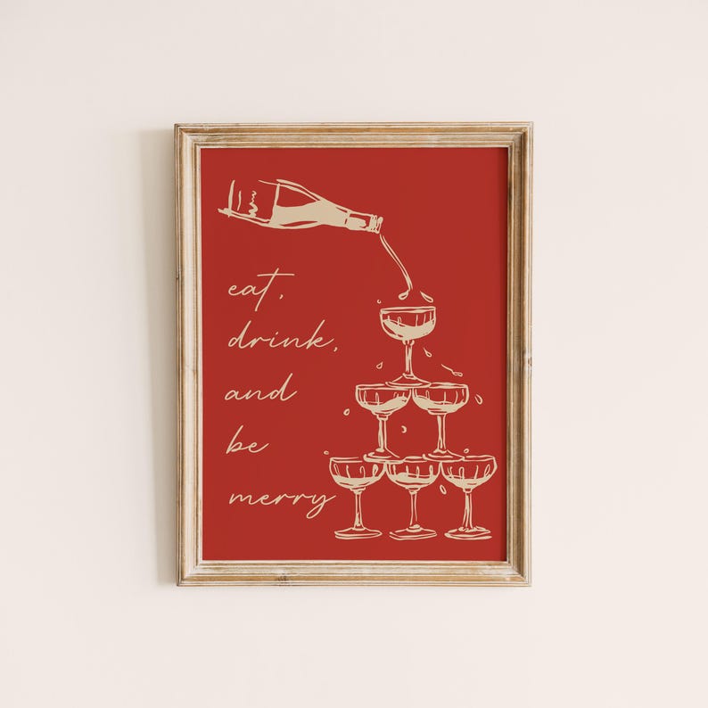 K&ouml;nnte beinhalten: Ein roter Hintergrund mit einer wei&szlig;en Umrandung einer Champagnerflasche, die in einen Stapel Champagnergl&auml;ser gegossen wird. Der Text "eat, drink, and be merry" ist in Wei&szlig; geschrieben.