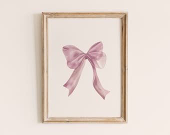 Lazo rosa coqueto imprimible, arte de pared infantil con acuarela rosa, estampado vintage de estilo western, decoración para apartamentos universitarios.
