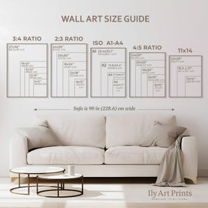 May include: A wall art size guide with a sofa in the background. The guide shows different aspect ratios and sizes of wall art, including 3:4, 2:3, ISO A1-A4, 4:5, and 11x14. The guide includes measurements in inches and centimetres.