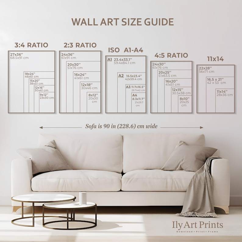May include: A wall art size guide with a sofa in the background. The guide shows different aspect ratios and sizes of wall art, including 3:4, 2:3, ISO A1-A4, 4:5, and 11x14. The guide includes measurements in inches and centimetres.