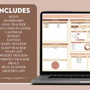 May include: A laptop computer screen displaying a digital planner with sections for daily meals, expenses, and savings. The planner includes features like a goal tracker, vacation planner, calendar, budget, savings, habit tracker, sleep tracker, to-do list, weight tracker, workout tracker, meals, meal planner, and grocery list.
