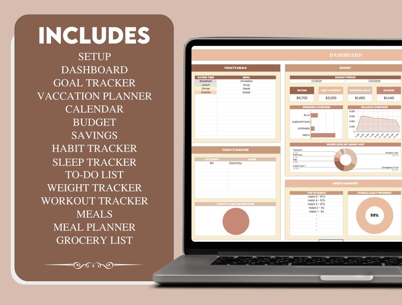 May include: A laptop computer screen displaying a digital planner with sections for daily meals, expenses, and savings. The planner includes features like a goal tracker, vacation planner, calendar, budget, savings, habit tracker, sleep tracker, to-do list, weight tracker, workout tracker, meals, meal planner, and grocery list.