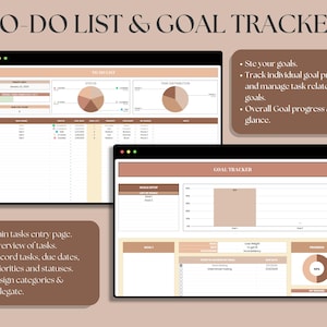 May include: A digital to-do list and goal tracker template with a brown and beige color scheme. The template includes sections for daily tasks, goal setup, and overall goal progress. The text on the screen reads "To-Do List & Goal Tracker".