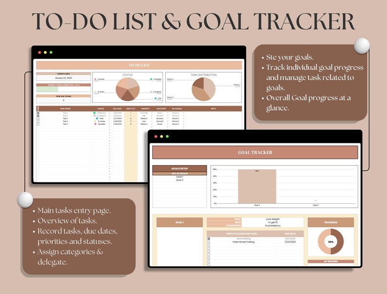 May include: A digital to-do list and goal tracker template with a brown and beige color scheme. The template includes sections for daily tasks, goal setup, and overall goal progress. The text on the screen reads "To-Do List & Goal Tracker".