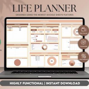 May include: A laptop screen displaying a Google Sheets spreadsheet with a life planner template. The spreadsheet has a dashboard with charts and graphs, and sections for today's tasks, today's schedule, and goal setting. The template is designed using the newest Google Sheets features and is highly functional. The image also includes icons for video tutorial, customisable, and fully integrated.