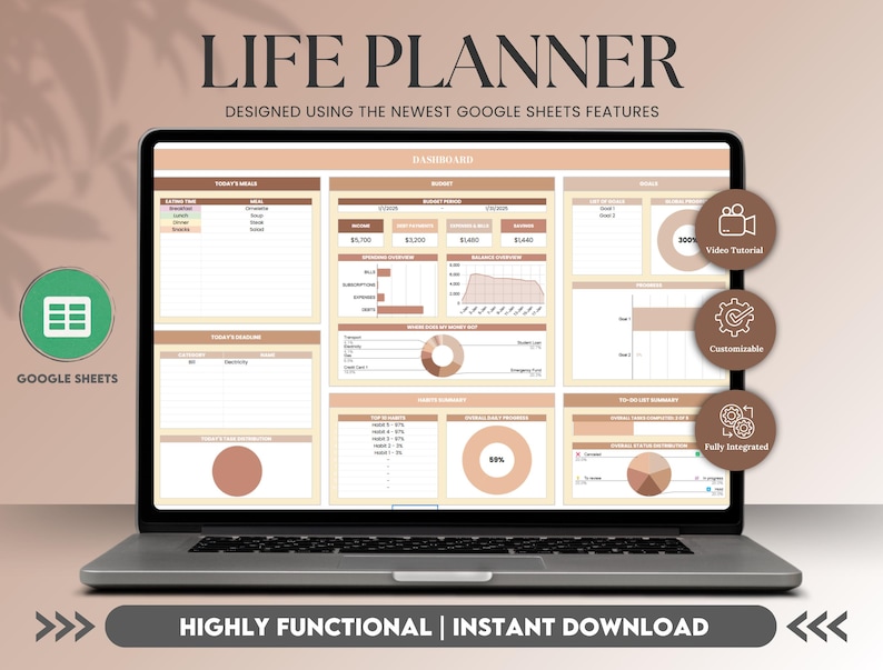 May include: A laptop screen displaying a Google Sheets spreadsheet with a life planner template. The spreadsheet has a dashboard with charts and graphs, and sections for today's tasks, today's schedule, and goal setting. The template is designed using the newest Google Sheets features and is highly functional. The image also includes icons for video tutorial, customizable, and fully integrated.