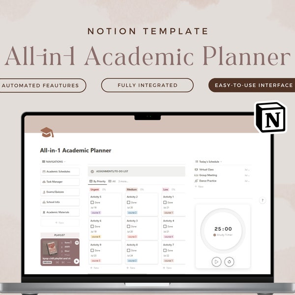 All In One Academic Planner, Student Notion Template, School Planner, Notion Dashboard, Aesthetic Notion Planner,Aesthetic College Planner