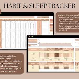 May include: A digital printable habit and sleep tracker with a brown and beige color scheme. The tracker includes a calendar, charts, and graphs to track daily sleep, mood, and habits. The text "12 Months" appears twice on the page.