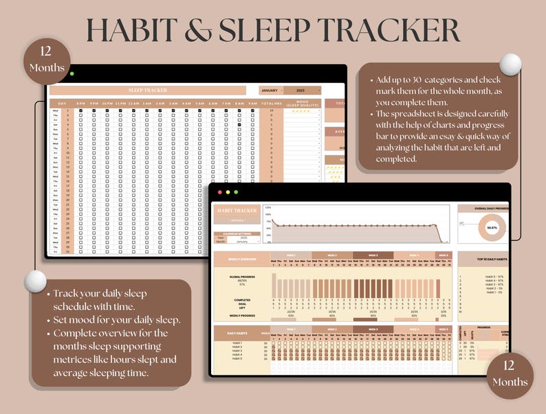 May include: A digital printable habit and sleep tracker with a brown and beige color scheme. The tracker includes a calendar, charts, and graphs to track daily sleep, mood, and habits. The text "12 Months" appears twice on the page.