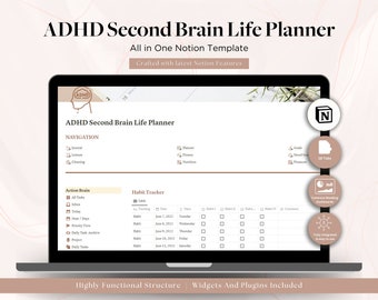 ADHD Notion Second Brain Life Planner, All-in-One Digital Template for Organization