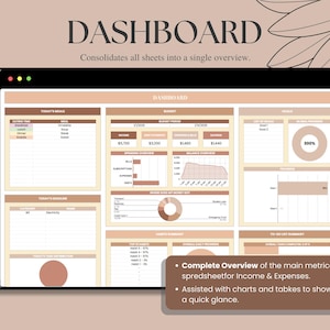 May include: A beige and brown dashboard template with charts and tables to track income and expenses. The dashboard includes sections for today's meals, today's tasks, budget summary, top charts, and goal progress. The text "DASHBOARD" is at the top of the page. The text "Consolidates all sheets into a single overview." is below the title.