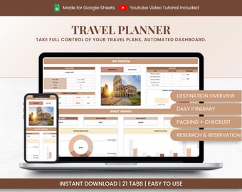 Travel Planner  Template  , Trip Itinerary Google Sheets Vacation Budget Spreadsheet, Checklist & Packing List