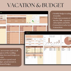 May include: A digital planner with a beige and brown color scheme. The planner is divided into sections for budgeting, spending, and tracking income and expenses. The planner includes a section for vacation planning with a map of Europe. The text "VACATION & BUDGET" is at the top of the planner.