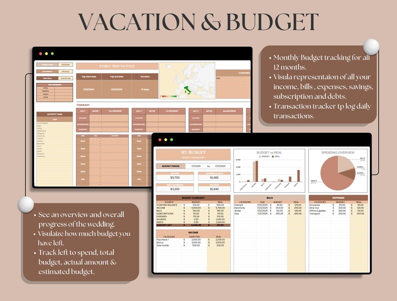 May include: A digital planner with a beige and brown color scheme. The planner is divided into sections for budgeting, spending, and tracking income and expenses. The planner includes a section for vacation planning with a map of Europe. The text "VACATION & BUDGET" is at the top of the planner.