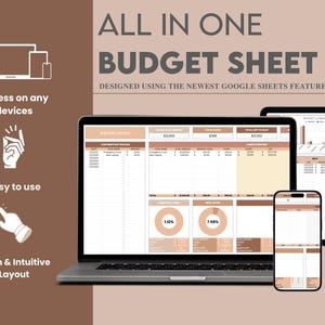 May include: A screenshot showing a Google Sheet budget template on a laptop, tablet, and phone. The template is designed to help users track their income and expenses, and includes features such as charts and graphs. The text "ALL IN ONE BUDGET SHEET" is displayed at the top of the image.