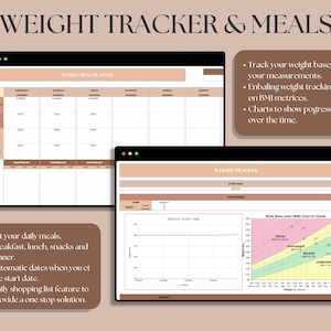 May include: A digital printable weight tracker and meal planner with a brown and beige color scheme. The planner includes a weekly meal planner, a weight tracker, and a body mass index (BMI) chart for adults. The text on the image reads "WEIGHT TRACKER & MEALS", "WEEKLY MEAL PLANNER", "WEIGHT TRACKER", and "Body Mass Index (BMI) Chart for Adults".