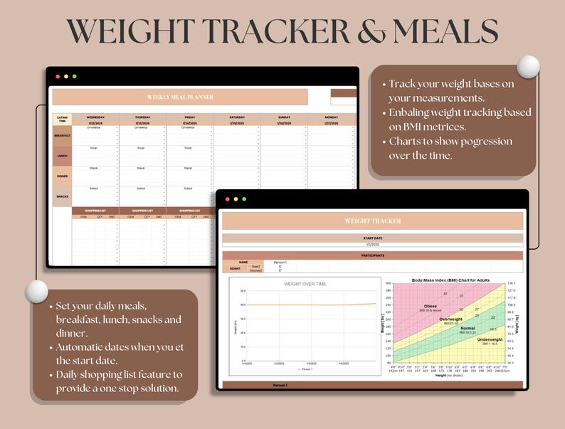 May include: A digital printable weight tracker and meal planner with a brown and beige color scheme. The planner includes a weekly meal planner, a weight tracker, and a body mass index (BMI) chart for adults. The text on the image reads "WEIGHT TRACKER & MEALS", "WEEKLY MEAL PLANNER", "WEIGHT TRACKER", and "Body Mass Index (BMI) Chart for Adults".