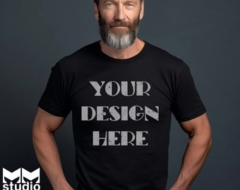 Black Bella Canvas 3001 Older Male Mockup Older Man Mockup Male T-Shirt Mockup Man TShirt Mockup Grandpa Mockup Male Model Mockup Mens Mock