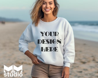 Gildan 18000 White Mockup, Gildan 18000 Beach Mockup, Female Mockup, White Sweatshirt Crewneck Mockup, Oversized Mockup, Simple Mockup