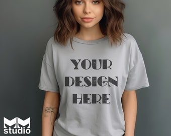 Silver Bella Canvas 3001 Mockup, Silver TShirt Mockup, 3001 Bella Canvas Mockup Silver, Model Mockup, Trendy Mockup, Simple Mockup, Female