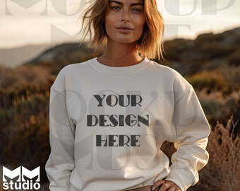 Gildan 18000 White Mockup Gildan 18000 Outdoor Mockup White Sweatshirt Mockup White Sweatshirt Crewneck Mockup Oversized Mockup Boho Mock