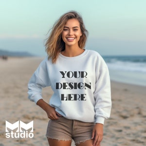 Gildan 18000 White Mockup, Gildan 18000 Beach Mockup, Female Mockup, White Sweatshirt Crewneck Mockup, Oversized Mockup, Simple Mockup