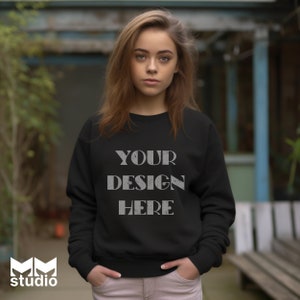 Gildan 18000 Black Mockup Black Gildan Mock Black Sweater Mock Crewneck Mockup Gildan Black Sweatshirt Mockup Boho Model Mockup Trendy Mock