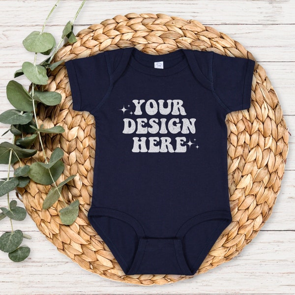 Rabbit Skins 4424 Navy Bodysuit Mockup 4424 Navy Mockup Rabbit Skins Mock up Baby Mockup Navy Blue Navy Romper Flatlay Mockup Baby Infant