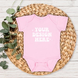 Rabbit Skins 4424 Pink Infant Fine Jersey Bodysuit Mockup, 4424 Pink Bodysuit Mockup, Rabbit Skins Mock up Bundle, Baby Mockup Pink Flatlay