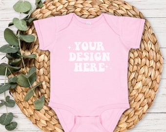 Rabbit Skins 4424 Pink Infant Fine Jersey Bodysuit Mockup, 4424 Pink Bodysuit Mockup, Rabbit Skins Mock up Bundle, Baby Mockup Pink Flatlay