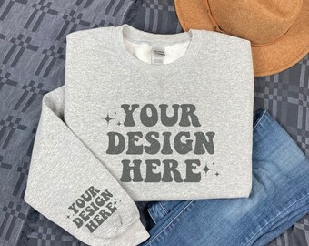 Gildan 18000 Sleeve Sweatshirt Mockup, Sport Grey Gildan Flat lay Mockup, Sweatshirt Sleeve Mockup, Sport Grey Sweatshirt Sleeve Mock Up