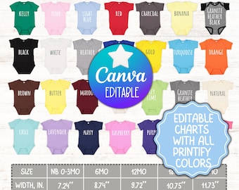 Tabla de tallas de Rabbit Skins 4400 Tabla de colores Body de jersey fino para bebé Plantilla editable de Rabbit Skins 4400 en Canva Todos los colores de Printify