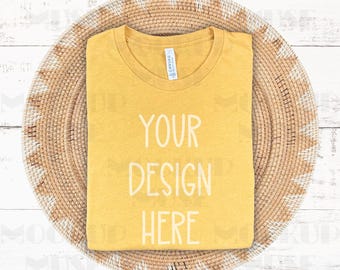 Heather Mustard Mockup Bella Canvas 3001 Heather Mustard Flatlay Mockup Flat lay Heather Shirt Mock up 3001 Mockup Boho Styled Mockup