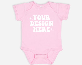 Rabbit Skins 4424 Pink Infant Fine Jersey Bodysuit Mockup, 4424 Pink Bodysuit Mockup, Rabbit Skins Mock up Bundle, Baby Mockup Pink Flatlay
