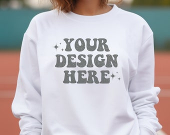 White Gildan 18000 Mock up Gildan White Mockup Tennis Sweatshirt Mockup White Sweater Mock up Model Mockup Crewneck Mock Ups Sport Mockups