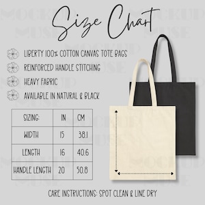 Liberty Baumwoll Canvas Tragetasche Größentabelle mit Produktdetails, Printify Tragetasche Mockup, Liberty Tote Mockup, Boho Tote Größentabelle Mockup