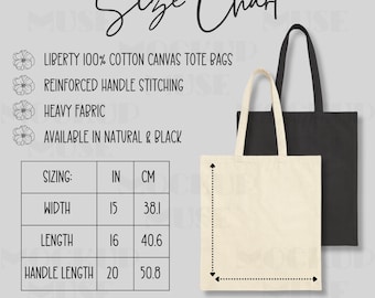 Liberty Cotton Canvas Tote Bag Size Chart with Product Details, Printify Tote Bag Mockup, Liberty Tote Mockup, Boho Tote Size Chart Mockup
