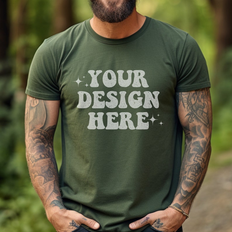 Our Military Green Bella Canvas 3001 Male Model Mockup is ready to help your designs stand out.  Available as a high resolution, instant Digital Download.