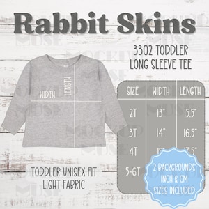 Tabla de tallas de Rabbit Skins 3302 para camisetas de manga larga para niños pequeños Guía de tallas Tabla de tallas de camisetas para niños pequeños de Rabbit Skins Maqueta de camiseta para niños pequeños de Rabbit Skins