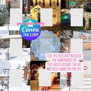 May include: A collection of nine winter-themed garden flag mockups featuring blank white rectangular banners on black metal stands, displayed in various snowy and festive outdoor settings with holiday lights, wreaths, and seasonal decorations.