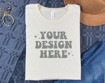 Natural Bella Canvas 3001 Flatlay Mockup Flat lay Natural TShirt Mockup 3001 Bella Canvas Mockup Boho Mockup Trendy Mockup Styled Mock Up