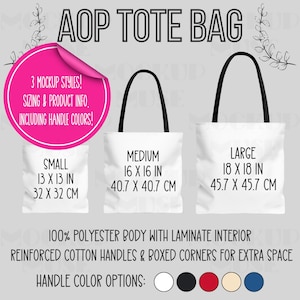 Tabla de tallas de bolsas de mano AOP con detalles del producto, maqueta de bolsa de mano Printify, maqueta de bolsa de mano AOP, tabla de tallas de bolsas, maqueta de tabla de tallas,