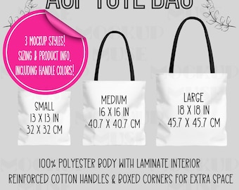 Tabla de tallas de bolsas de mano AOP con detalles del producto, maqueta de bolsa de mano Printify, maqueta de bolsa de mano AOP, tabla de tallas de bolsas, maqueta de tabla de tallas,