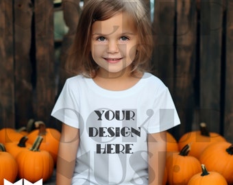 Könnte beinhalten: Ein kleines Kind trägt ein weißes T-Shirt mit dem Aufdruck "YOUR DESIGN HERE". Das Kind sitzt vor einem Holzzaun mit Kürbissen im Vordergrund.