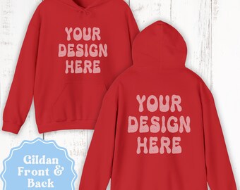 Könnte beinhalten: Roter Kapuzenpullover mit dem Aufdruck "YOUR DESIGN HERE" in Weiß auf Vorder- und Rückseite.