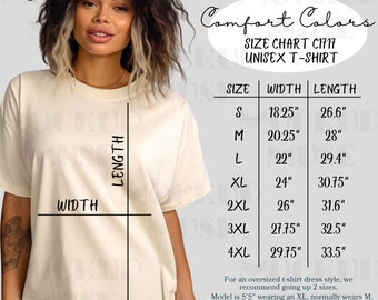 May include: Size chart for a unisex t-shirt from Comfort Colors. The chart shows the width and length in inches for sizes S through 4XL. The model is 5'5" and is wearing an XL.