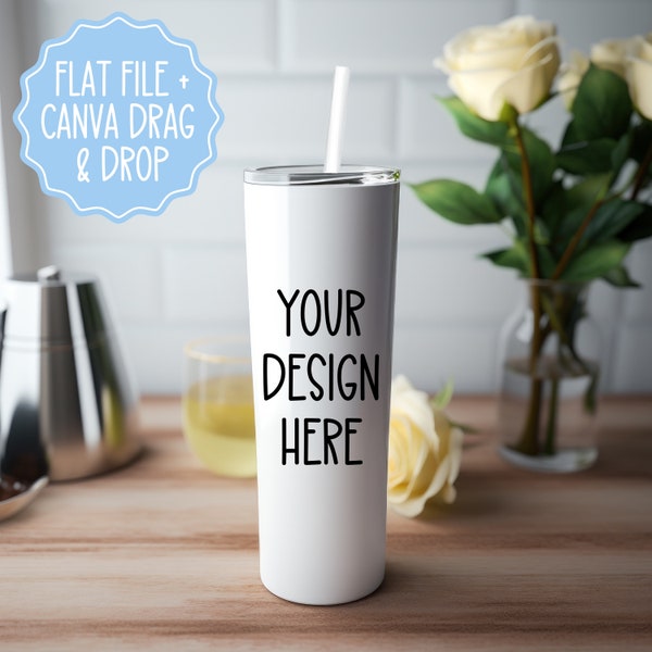 Printify Tumbler Mockup 20 oz Skinny Tumbler Mockup White Straw Canva Drag and Drop Canva Tumbler Mockup Overlay PNG Tapered Tumbler Mock Up