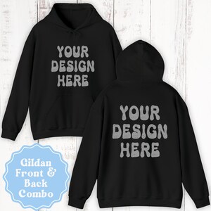 以下が含まれることがあります： 前面と後ろにレトロなフォントで「YOUR DESIGN HERE」という文字が入った黒いフード付きスウェットシャツです。