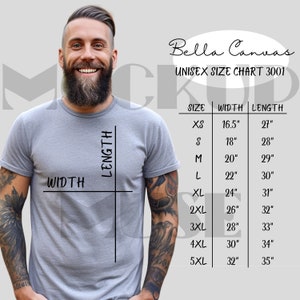 Bella Canvas 3001 Tabla de tallas Mens BC 3001 Tabla de tallas Bella Size Unisex Tabla de tallas Mockup Bella Canvas Tabla de tallas Camiseta Tabla de tallas